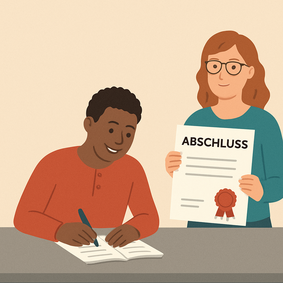 Ein Mann schreibt in ein Heft, eine Frau hält ein Abschlusszeugnis hoch – Symbol für das Nachholen von Schulabschlüssen.