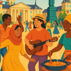 Illustration eines multikulturellen Fests auf dem Karlsruher Marktplatz mit tanzenden Menschen.