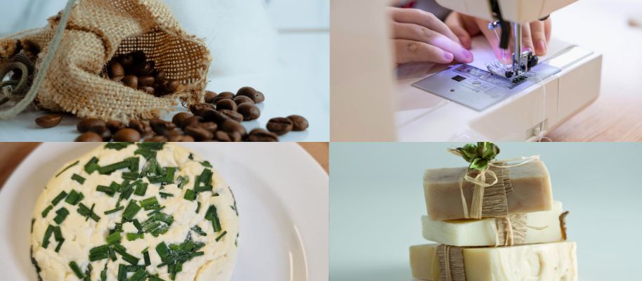 Collage aus vier Bildern: Kaffeebohnen in Jutesack, Nähmaschine mit Stoff, Käse mit Schnittlauch, handgemachte Naturseife.