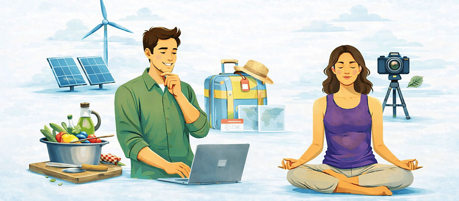 Illustration zur Entdeckungsreise in vhs-Kursen: Lernen, Nachhaltigkeit, Achtsamkeit und Reisen als Symbole für Weiterbildung und neue Horizonte.