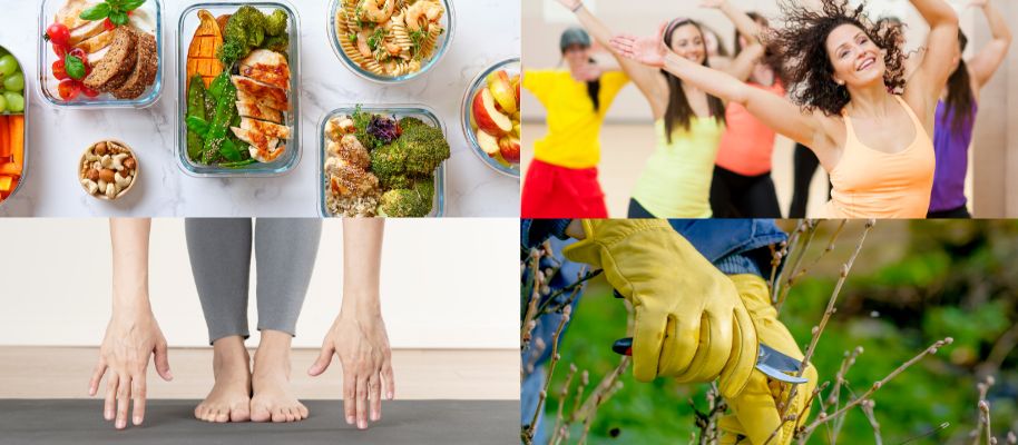 Gesunde Ernährung, Bewegung, Yoga und Gartenarbeit im Frühling