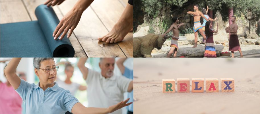 Collage mit Yogamatte, Tai-Chi, Tanz und dem Wort Relax. Sinnbilder für Gesundheit, Bewegung und Entspannung