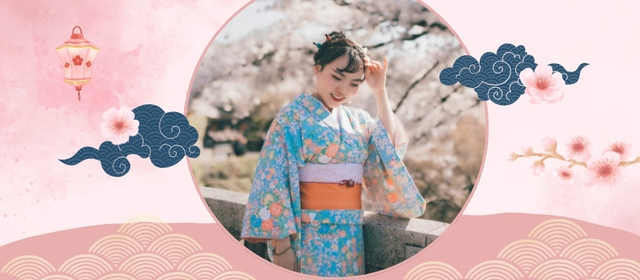 Frau im blauen Kimono vor Kirschblüten in japanischem Design