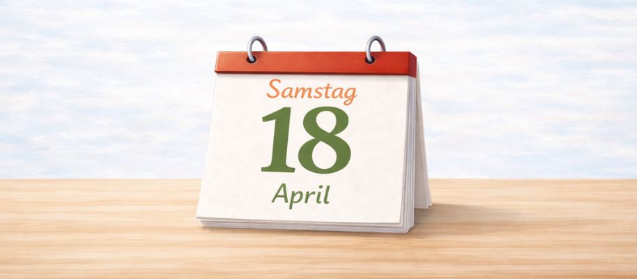Schreibtischkalender mit Datum Samstag, 18. April, auf Holztisch vor hellem Hintergrund im Querformat